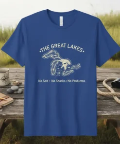 Great Lakes map graphic t-shirt with text "No Salt • No Sharks • No Problems" in a casual, vintage style