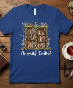 No shelf-Control book lover t-shirt featuring a whimsical illustration of a bookshelf made of trees and filled with books