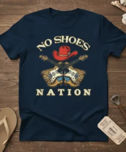 No Shoes Nation text with crossed guitars and cowboy hat graphic on a navy t-shirt