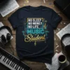 T-shirt with "NO SLEEP NO MONEY NO LIFE MUSIC Student" text in neon and gold, featuring music-themed graphics and circuit