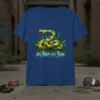 No Step On Snek T-Shirt featuring a coiled green and yellow snake in grass with blue circuit board accents