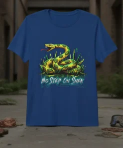 No Step On Snek T-Shirt featuring a coiled green and yellow snake in grass with blue circuit board accents