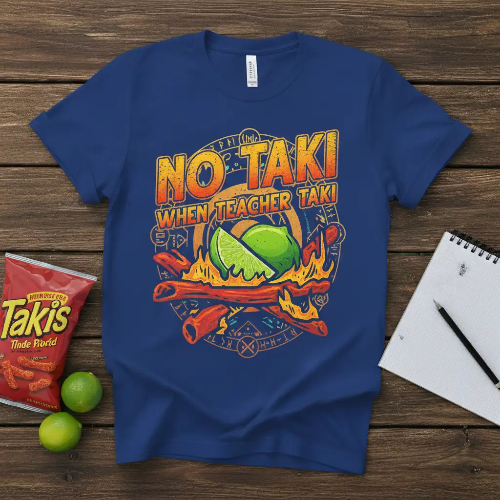 No Taki When Teacher Taki quote with Takis snack and lime graphic on a blue t-shirt