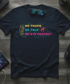 No Touch No Talk No Eye Contact text design with French Bulldog and dog silhouette in heart on dark t-shirt