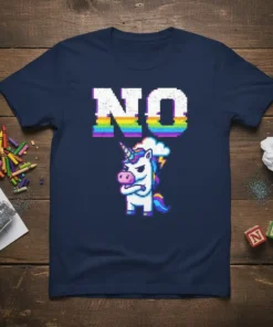 Pixel art unicorn graphic with "NO" text in rainbow glitch font on a navy blue t-shirt
