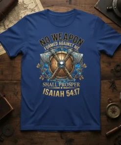 No Weapon Formed Against Me Shall Prosper Isaiah 54:17 T-Shirt featuring crossed axes and a shield graphic