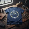 Navy blue t-shirt with "No. Is a complete sentence" text inside a floral and skull wreath design
