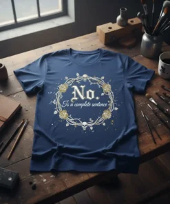 Navy blue t-shirt with "No. Is a complete sentence" text inside a floral and skull wreath design