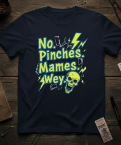 No. Pinches. Mames. Wey. text with a yellow skull graphic on a navy t-shirt