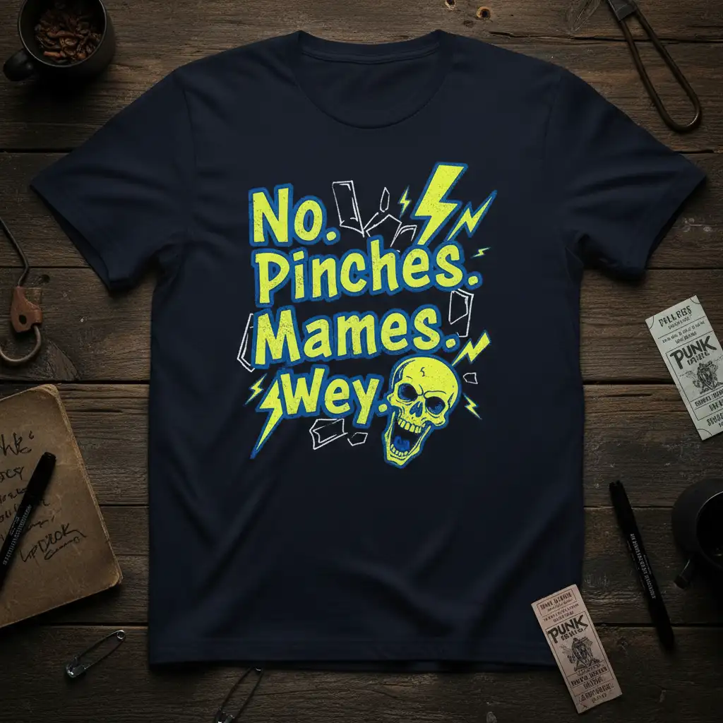 No. Pinches. Mames. Wey. phrase in bold yellow text with a graphic skull on a dark shirt