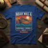 Noah Was A Conspiracy Theorist Then It Rained t-shirt with retro sunset and Noah's Ark graphic