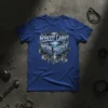 Blue t-shirt with "Nobody Cares Work Harder" text in metallic font, surrounded by mechanical gears and lightning bolts