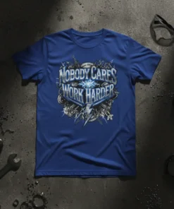 Blue t-shirt with "Nobody Cares Work Harder" text in metallic font, surrounded by mechanical gears and lightning bolts