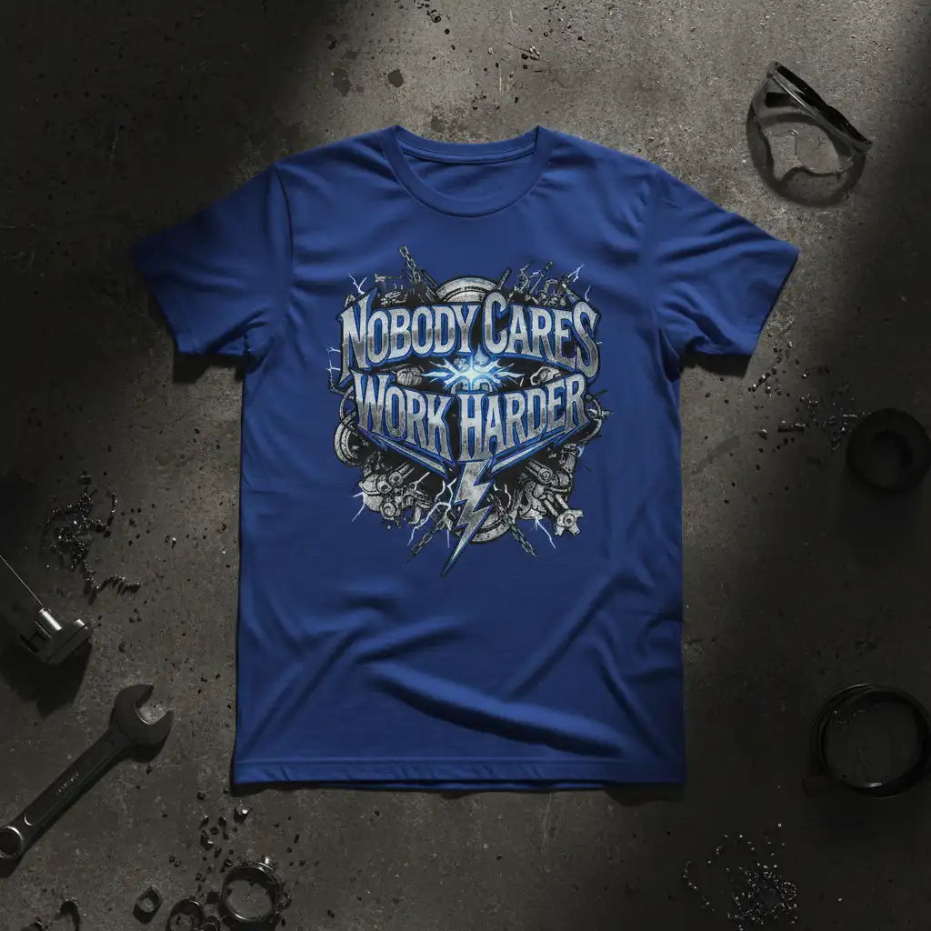 Blue tee displaying 'Nobody Cares Work Harder' quote with industrial gears and lightning graphic