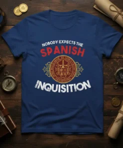 Nobody Expects The Spanish Inquisition text with a shield emblem on a blue t-shirt