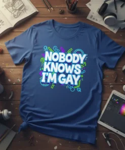 Nobody Knows I'm Gay text in bold white font with neon green and purple accents on a blue t-shirt