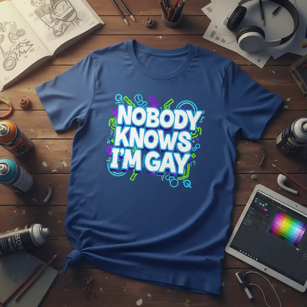 Nobody Knows I'm Gay bold typography design with neon accents on a blue graphic tee