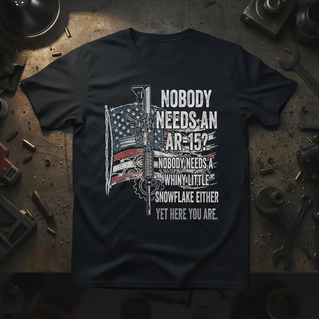 Nobody Needs An Ar-15? Whiny Snowflake quote on t-shirt with AR-15 and distressed American flag graphic