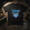 Black t-shirt with "noisy little fucker, aren't you?" in blue neon text and an abstract explosive graphic