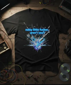 Black t-shirt with "noisy little fucker, aren't you?" in blue neon text and an abstract explosive graphic