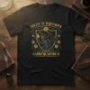 Gothic gargoyle with torch on Nolite Te Bastardes Carbo'rundorum t-shirt, featuring shield and floral accents