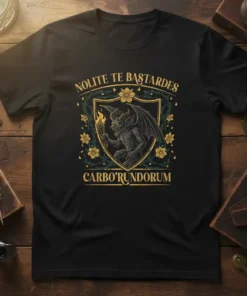 Gothic gargoyle with torch on Nolite Te Bastardes Carbo'rundorum t-shirt, featuring shield and floral accents