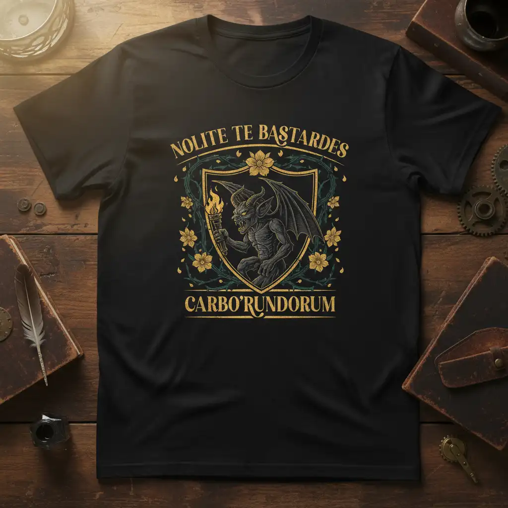 Nolite Te Bastardes Carbo'rundorum gothic gargoyle design with torch and ornate shield illustration