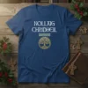 Nollaig Chridheil T-Shirt with white Gaelic text and a golden Celtic Tree of Life design on a navy blue shirt