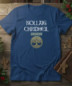 Nollaig Chridheil T-Shirt with white Gaelic text and a golden Celtic Tree of Life design on a navy blue shirt