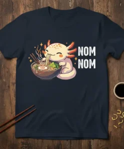 Cute axolotl character eating ramen with "NOM NOM" text, on a navy blue t-shirt