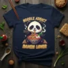 Noodle Addict Ramen Lover T-Shirt featuring a cute panda eating ramen, with yellow text above and below the graphic