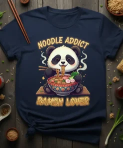 Noodle Addict Ramen Lover T-Shirt featuring a cute panda eating ramen, with yellow text above and below the graphic