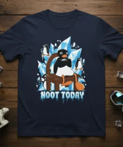 Noot Today funny penguin t-shirt design with a grumpy penguin sitting on a chair amidst ice crystals