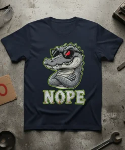 Nope Alligator T-Shirt with a sunglasses-wearing alligator crossing its arms and the word NOPE