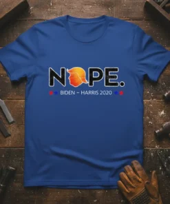 NOPE. BIDEN – HARRIS 2020 text with Trump's profile silhouette on a blue t-shirt
