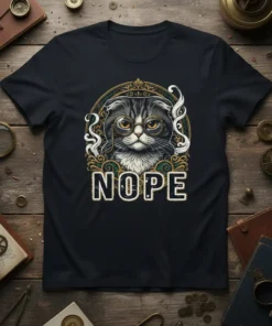 Nope Cat T-Shirt design featuring a grumpy cat wearing glasses and the word "NOPE" in bold letters