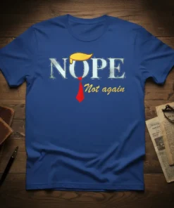 Nope Not Again T-Shirt design featuring bold text with a cartoonish wig and red tie, symbolizing political commentary