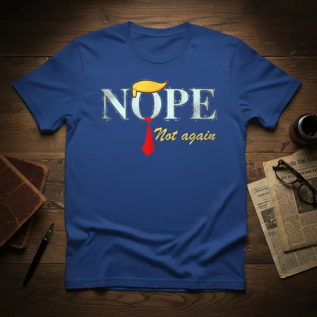 Nope Not Again political statement t-shirt design with wig and tie graphic