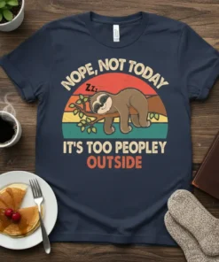 Nope, Not Today Zzz It's Too Peopley Outside text with a sleeping sloth graphic on a navy t-shirt