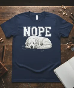 Nope text above a sleeping white dog graphic on a navy blue t-shirt