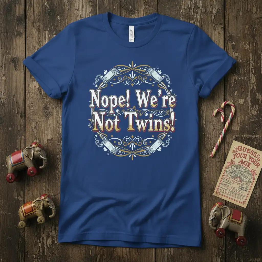 Nope! We're Not Twins! quote in a decorative wreath on a blue t-shirt, ideal for sibling humor