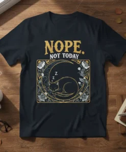 Nope. Not Today. text with a sleeping cat curled up in a decorative moon frame on a navy t-shirt