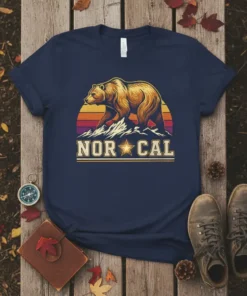 Nor Cal text with a bear and mountains graphic on a navy t-shirt, vintage retro sunset style