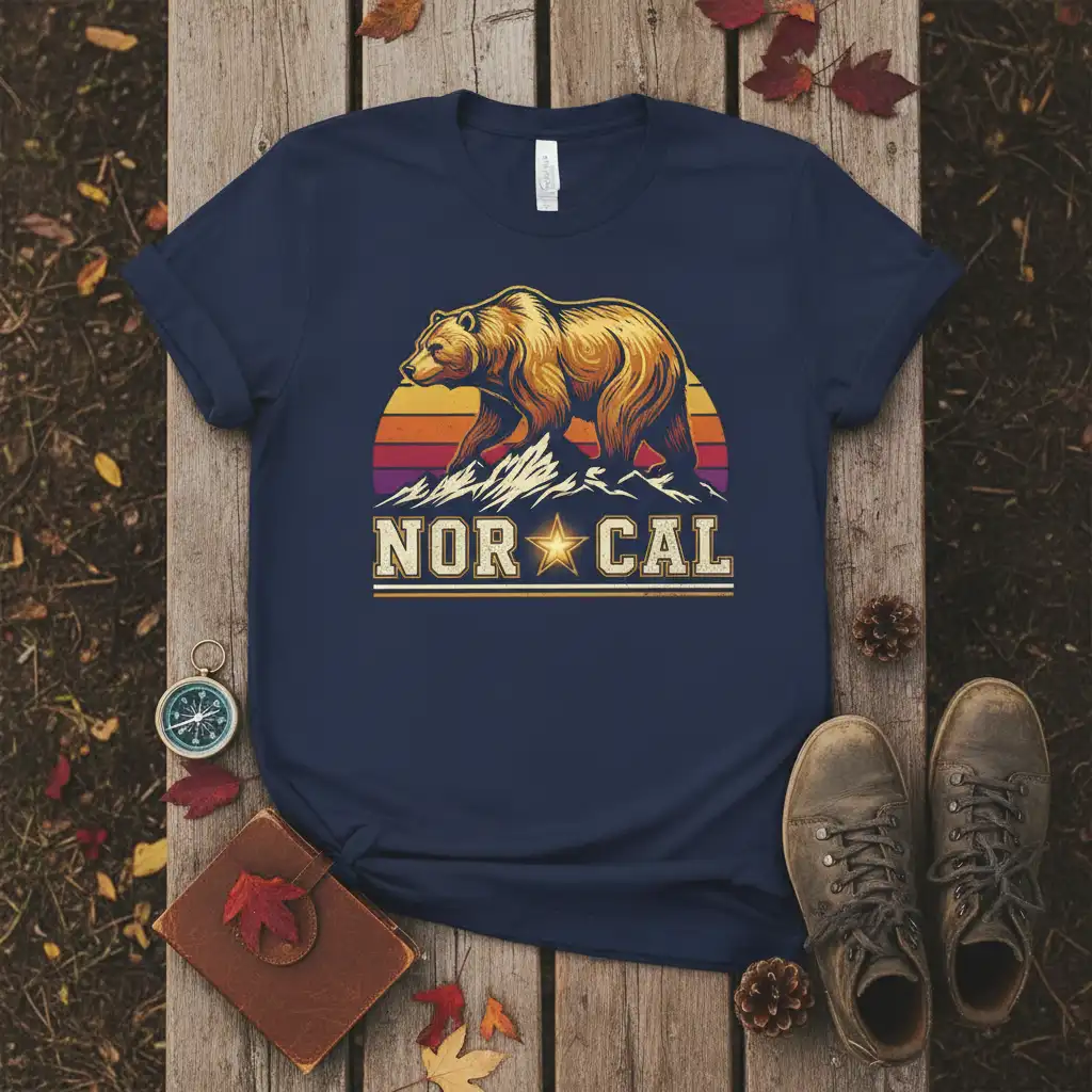 Nor Cal text design with a bear on mountains and retro sunset, perfect for California enthusiasts