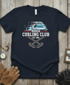 Norge Curling Club Est. 1968 t-shirt design with curling stone and brooms, vintage style