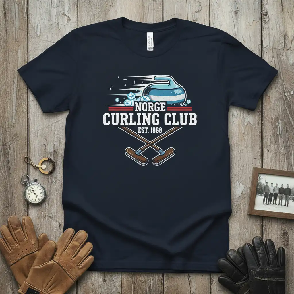 Norge Curling Club Est. 1968 vintage graphic with curling stone and brooms