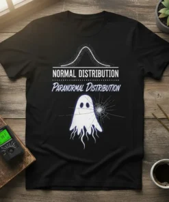 T-shirt with "Normal Distribution Paranormal Distribution" text and a ghost graphic, representing statistical humor