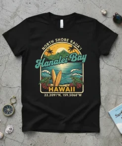 North Shore Kaua'i Hanalei Bay Hawaii t-shirt design with surfboards, sea turtles, waves, and sunset