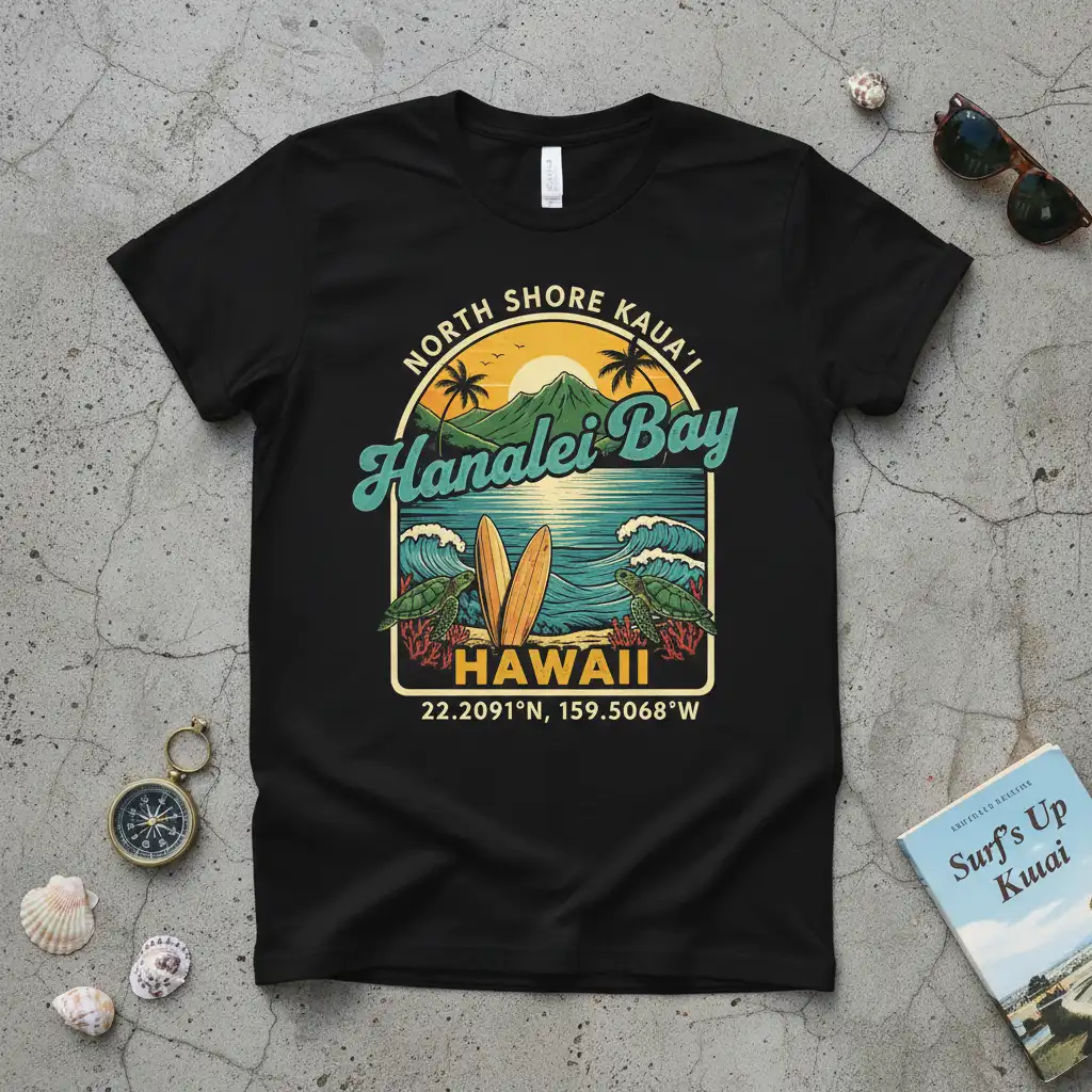 North Shore Kaua'i Hanalei Bay Hawaii t-shirt design featuring surfboards and turtles