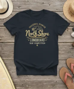 Haleiwa Hawaii 18th Annual North Shore Longboard Surf Competition t-shirt design with vintage gold text and graphics